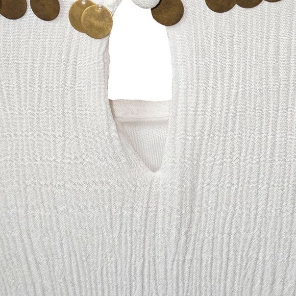 TORRID MINI IVORY GAUZY Cold Shoulder Trapeze dress With Gold Sequins - Picture 10 of 16